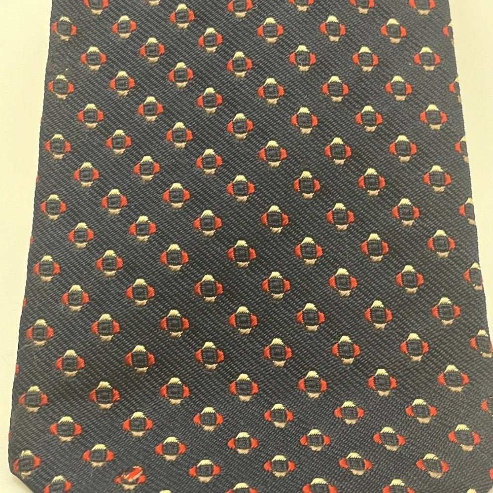 Turnbull & Asser Dark Navy Blue Red Geometric Pattern Silk Tie Made In England